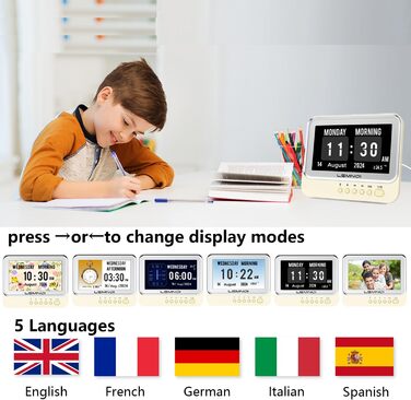 Lemnoi 7-Inch Digital Calendar, Senior Clock with Date and Day of the Week, Wall Clock for Dementia Patients with Temperature, 15 Alarms & Medication Reminder (white)