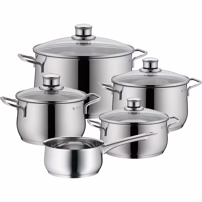 WMF Diadem Plus Induction Cookware Set, 5-Piece, Cookware Set with Glass Lids, Polished Cromargan Stainless Steel, Induction Cookware Set Uncoated, 5-Piece (including saucepan)