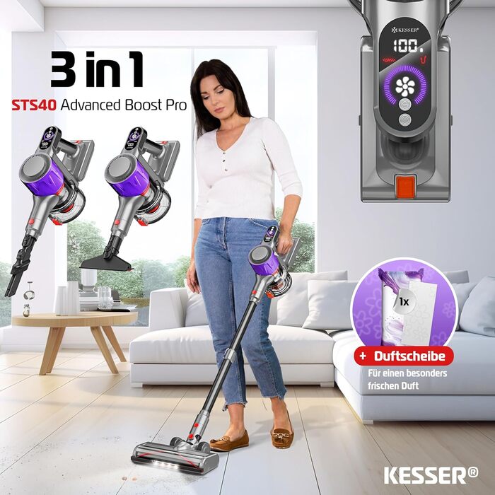 Бездротовий акумуляторний пилосос KESSER® з LED-дисплеєм, до 60 хвилин роботи, тихий, без мішка, з антизаплутаною насадкою, HEPA-фільтром, аромакапсулою (чорний/сірий)