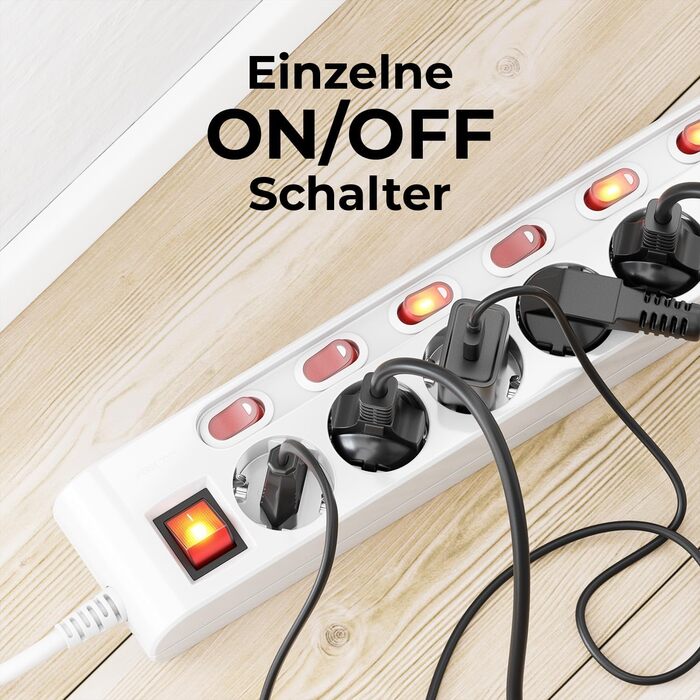 Многофункціональна мережева стрічка deleyCON з 6 розетками та індивідуальним вимикачем для кожної (біла)