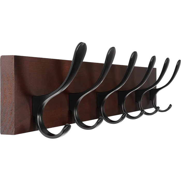 SKOLOO Wall Mounted Coat Rack - Wood Brown Wall Coat Rack Hooks Wall Organizer Clothes Hanger Rack with 6 Hooks for Hanging Coats, Hats, Clothing, Scarves, Brown & Black 1 Brown (6 Hooks)