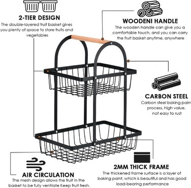 Двоярусна фруктова корзина DODUOS, етажерка для фруктів та овочів, чорна металева фруктова тарілка з ручкою, для дому, кухні, офісу