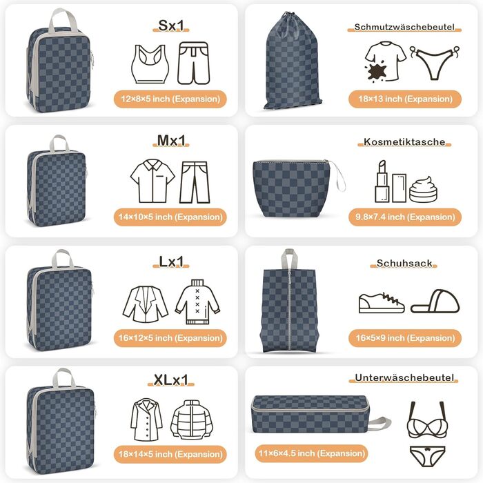 VnioLife Набори для пакування валізи - 8 шт. Органайзери для подорожей, компресійні кубики, синій та сірий