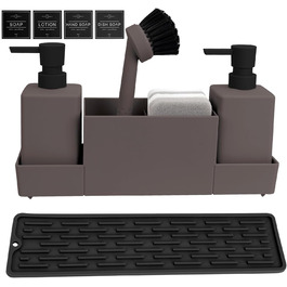 CAUTIOUS 350ML Sink Organizer with Brush, Soap Dispenser Sponge, Kitchen Dish Soap Dispenser Set Made of Plastic, Sink Organizer with Two Soap Dispensers, Kitchen Gadget Organizer (brown)