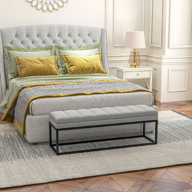HOMCOM Bench with Linen Look Upholstered Bench for Bedroom, Bed Bench, Dressing Bench up to 200 kg, Steel, Light Grey, 120x44x45.5 cm
