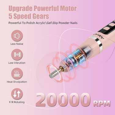 Електричний фрезер для нігтів бездротовий, професійний для гелю, акрилу та акрилу-гелю. Набір для манікюру та педикюру з LED-лампою, 5 швидкостей, для початківців