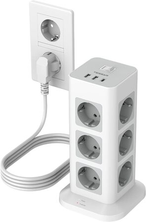 Многорозеткова смуга TESSAN із захистом від перенапруги, 3600W, 16A, 12 розеток, 2 USB-A, 1 USB-C, кабель 2м, сіра