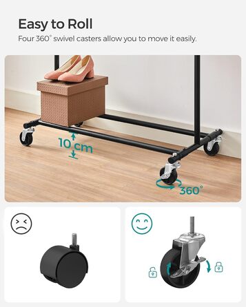 SONGMICS Heavy-Duty Clothes Rack, 2-Piece Set, Rolling Garment Rack, Holds up to 90 kg, with Extendable Closet Rod, Folding Base, Storage for Boxes, HSR013S02 (Black)