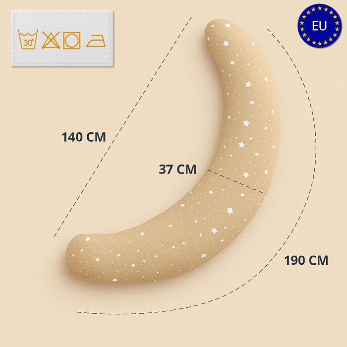 Подушка для вагітних Totsy Baby XXL 190 см - подушка для сну на боці, підтримка тіла, бавовна Oeko-Tex, бежево-біла зі зірками