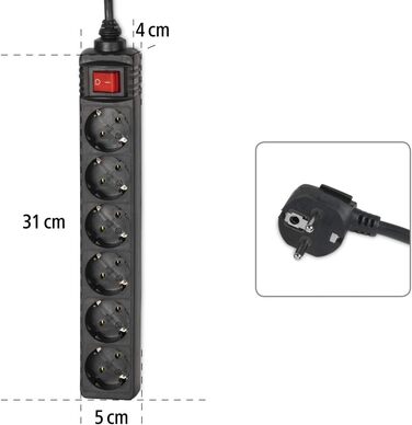 Мережевий фільтр Hama 6-fach з вимикачем для економії електроенергії, чорний (1.4м, GS сертифікований)