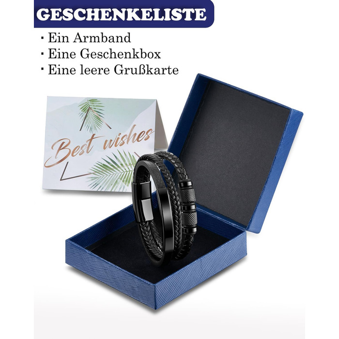 Чоловічий браслет на руці - шкіряний браслет з нержавіючою сталевою магнітною застібкою - плетений шкіряний браслет - браслети для чоловіків як подарунок на день народження, День святого Валентина, Різдво або День батька Чорний 21см