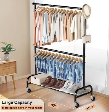 MISSLO Heavy-Duty Clothes Rack Double, Metal Clothes Rod on Wheels Stable Mobile Coat Rack for Coats, Shirts (White) (Black)