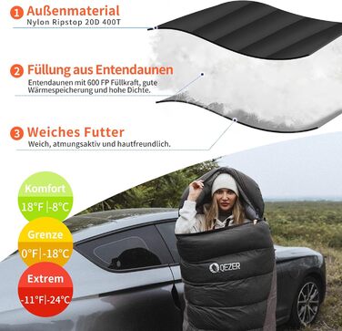 Спальний мішок пуховий зимовий, 600FP+ преміум пух, 12°C до -24°C, легкий та теплий для 3-4 сезонів, кемпінг, походи та трекінг, чорний