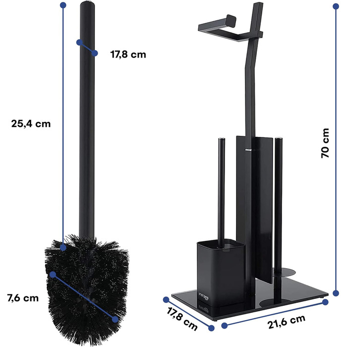 Набір для ванної кімнати WC-Garnitur з тримачем для туалетного паперу, без свердління, з нержавіючої сталі, скляний підстав, 32x20x70 см, чорний