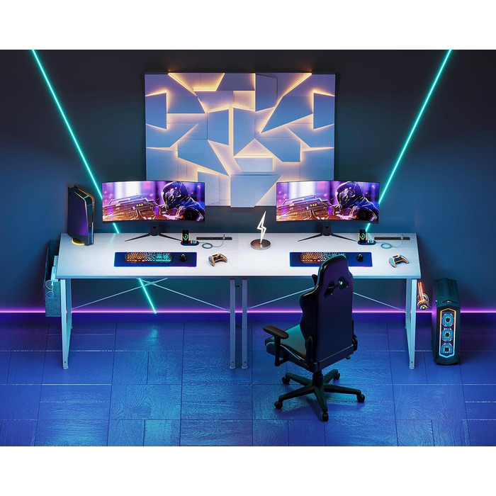 Комп'ютерний стіл Coleshome 100x48 см з розетками, тримачем для навушників та кишенькою для зберігання. Білий офісний/ігровий стіл для дому та офісу.