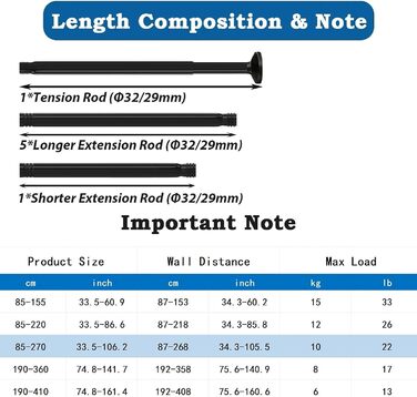 Штанга для штор у ванну/спальню, телескопічна, без свердління, 85-270 см, діаметр 32 мм, срібна