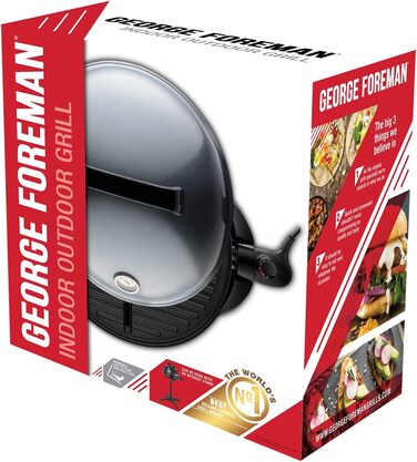 Електричний гриль George Foreman 2в1: напільний і настільний, для дому та балкона, круглий, 44,5 см, 2400 Вт, з термометром і піддоном для жиру, чорний