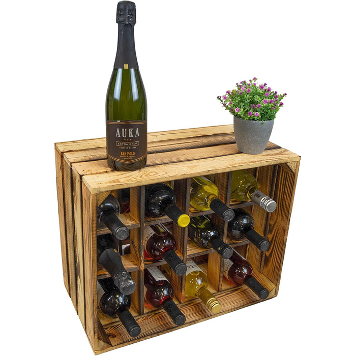 Kistenkolli Old Country Wine Rack Henry Flamed, Dimensions approx. 50x40x30cm, Stackable, Narrow Bottle Rack Wood/Wine Rack (Flamed)