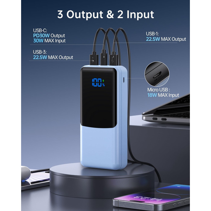 Power Bank Coblob 27000mAh з LED дисплеєм, 3 виходи та 2 входи, USB-C 30W, блакитний