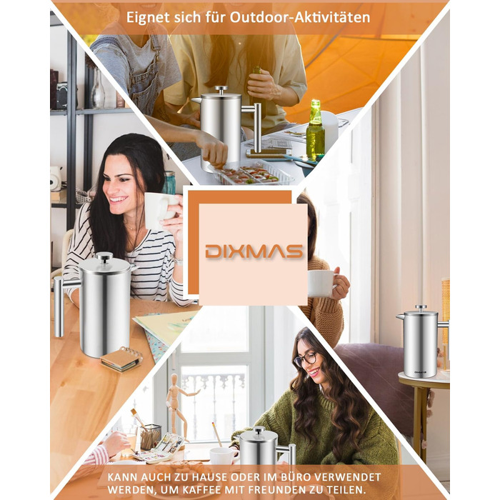 Френч-прес 1000 мл / 8 чашок, кавоварка з нержавіючої сталі, подвійні стінки, ізольована, з фільтром - 1 літр