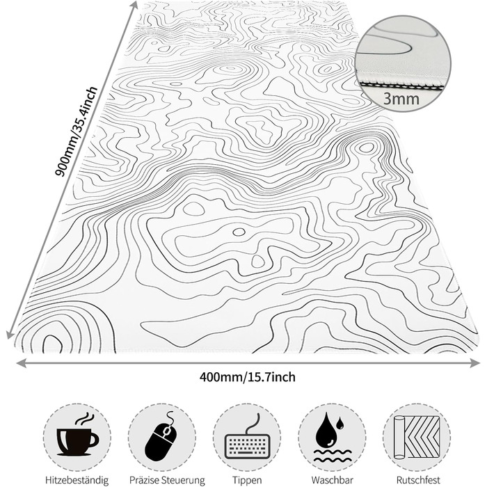 Ігровий килимок для миші та клавіатури Topographie Білий, 900x400 мм, великий килимок з подвійним швом, вологостійкий килимок для ПК
