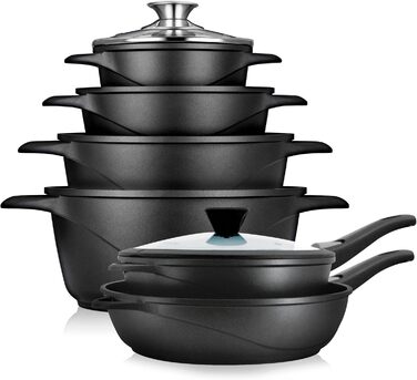 Набір посуду Induktion BRIEBЕ 12-ти частинний: 4 казани з алюмінію, 2 сковорідки з антипригарним покриттям ILAG GRANITEC (без PFOA), кришки зі скла, рукавички з силікону. Підходить для індукційних, газових плит та духовки.