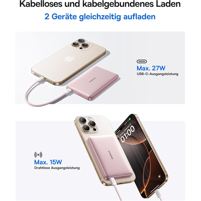 Power Bank Baseus Picogo AM41: 10000mAh, Qi2 Magsafe, 27W PD, бездротова зарядка, рожевий