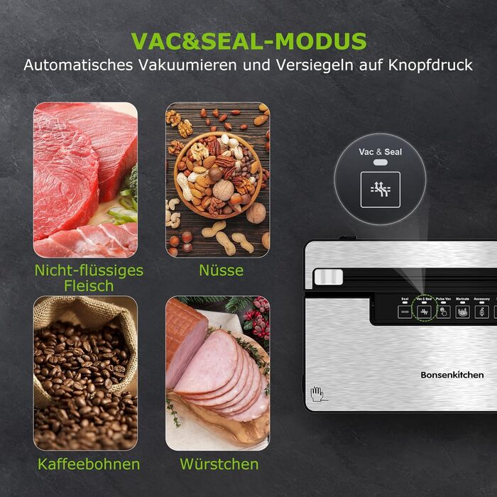 Вакуумний пакувальник Bonsenkitchen: 5 режимів, 8 л/хв, технологія Globefish, 100 пакетів, роликовий пакет