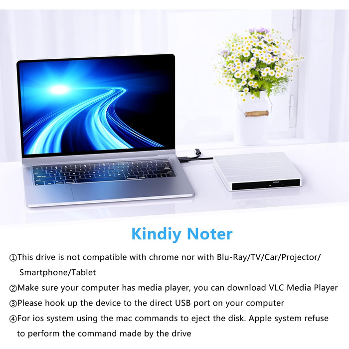 Зовнішній DVD-привід USB 3.0 та Type-C, портативний CD/DVD+/-RW записувач для ноутбука, ПК, MacBook, Windows, MacOS, Linux (Білий)