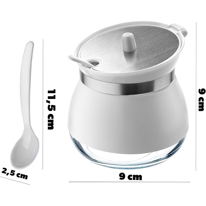 Цукорниця KADAX з ложкою, 270мл, контейнер для цукру з порошковим покриттям, 9x9см, цукрониця в 2 кольорах, дозатор для спецій з кришкою для чаю, цукру (білий)