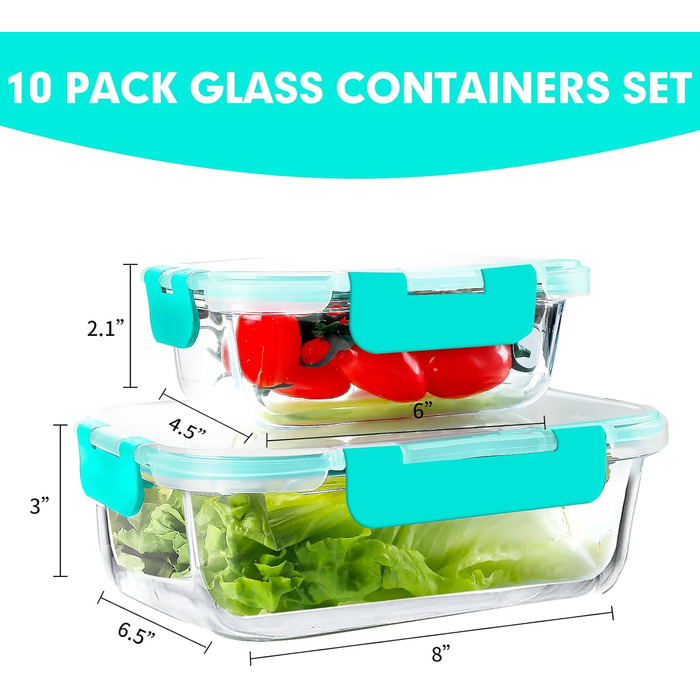 Набір скляних контейнерів Verones (10 шт), зелені, з герметичними кришками, для зберігання їжі, морозильник, посудомийна машина