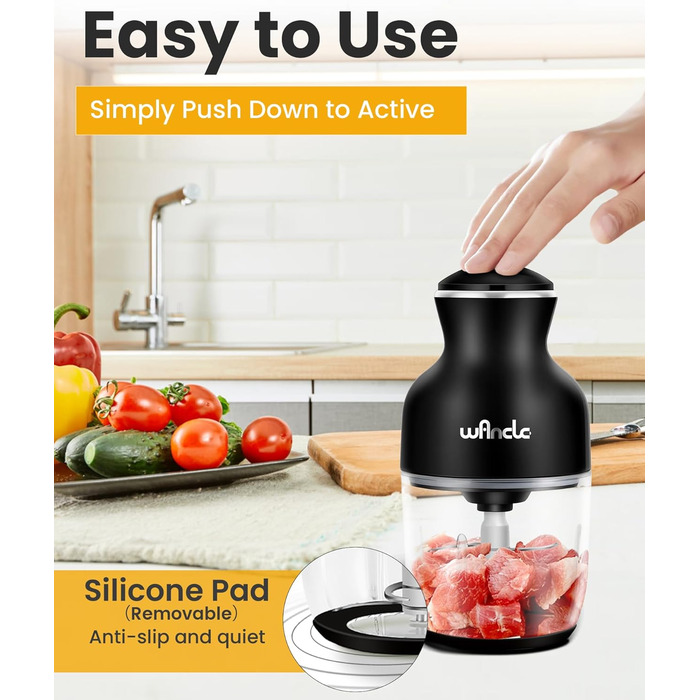 Електричний подрібнювач Wancle 350W, 600мл - для кухні, тихий та зручний у використанні (чорний)