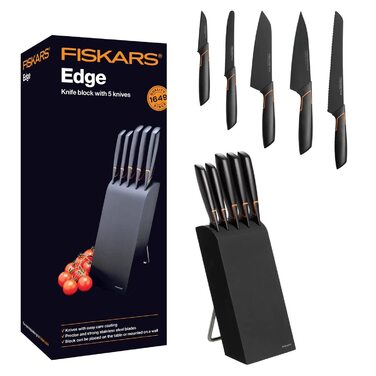 Набір ножів Fiskars Edge 5 предметів, дерев'яний блок (береза) 37 см, чорний