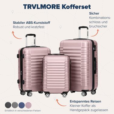 Набір валіз TRVLMORE 3 в 1: маленька, середня, велика, сірий колір, з рожевим золотом, з жорсткою оболонкою, 55x40x20 см (ручна поклажа)