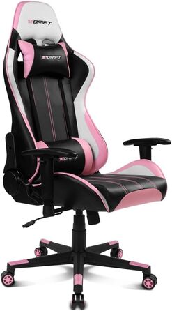 Геймерське крісло DRIFT DR175PINK: професійне, чорно-рожеве, зі штучної шкіри, з регульованими підлокітниками 2D та газліфтом класу 4