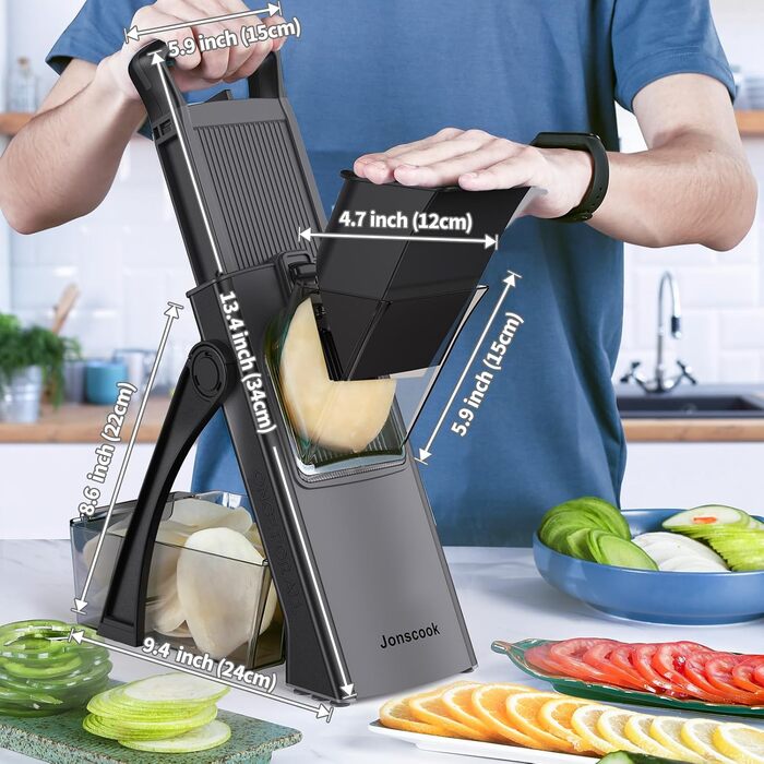 Мандаліна для кухні Mandoline Plus: безпечний нарізник, подрібнювач овочів, регульована товщина, чорний