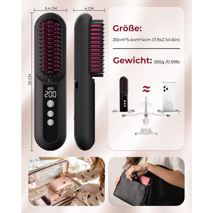 CARER SPARK Бездротова випрямляч для волосся з акумулятором 10000mAh, швидкий нагрів за 30 секунд, 80 хвилин роботи, мільйони негативних іонів, портативна міні-щітка для подорожей, 9 температурних режимів, захист від перегріву, швидке укладання