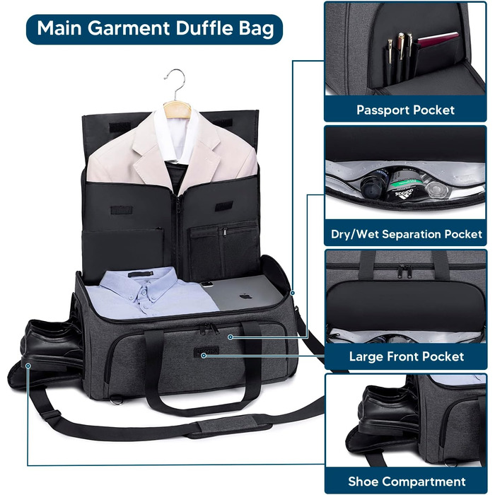 Suit bag, garment bag, travel duffel bag for suits, convertible garment duffel bag for men and women, 4 in 1 suit bag hanging bag with shoe bag