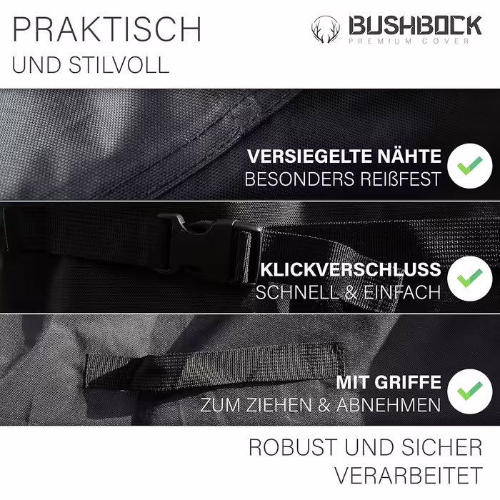 BUSHBOCK® Premium Grill Cover, e.g. for Weber Genesis 300 Series, Genesis II Series, Enders, Rössle, weatherproof 147 x 70 x 115 cm, Grill Cover for Gas Grill (L, Black)