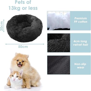 Килимок для кота та собаки 50x50 см, кругла ліжко-бублик, плюшевий, м'який, миючий, для маленьких собак та котів, колір інгібер (чорний)