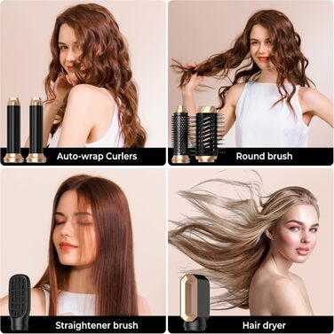 Набір для укладки волосся OKWRAP Airstyler 6 в 1: фен-щітка, автоматична завивка, об'ємні насадки, чорний/золотий
