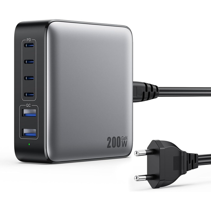 Мережевий адаптер USB-C на 6 портів 200W з GaN III Tech, PD+QC, з 4 USB-C та 2 USB-A, для ноутбуків та мобільних пристроїв (MacBook, iPad, iPhone, Samsung)