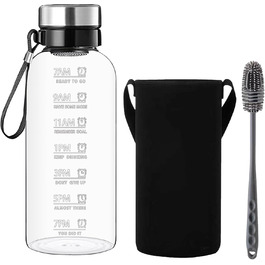 RNCKUUE 2 Liter Glass Bottle, 2l Glass Drinking Bottle, Glass Water Bottle with Strainer, Neoprene Sleeve, Bottle Brush (1500 ml, Filter Screen)