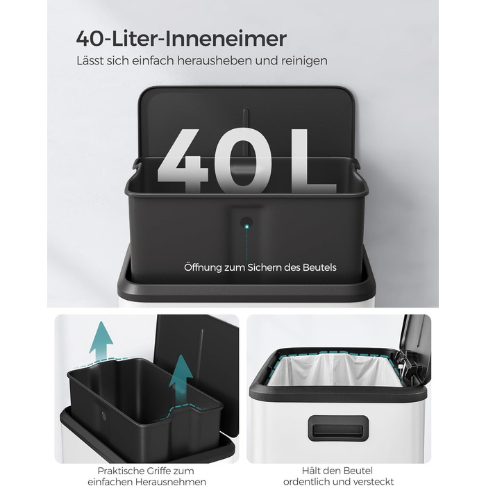 SONGMICS Відро для сміття кухонне, 40 літрів, з кришкою, з педаллю, Softclose, утримання кришки, біле LTB541E40