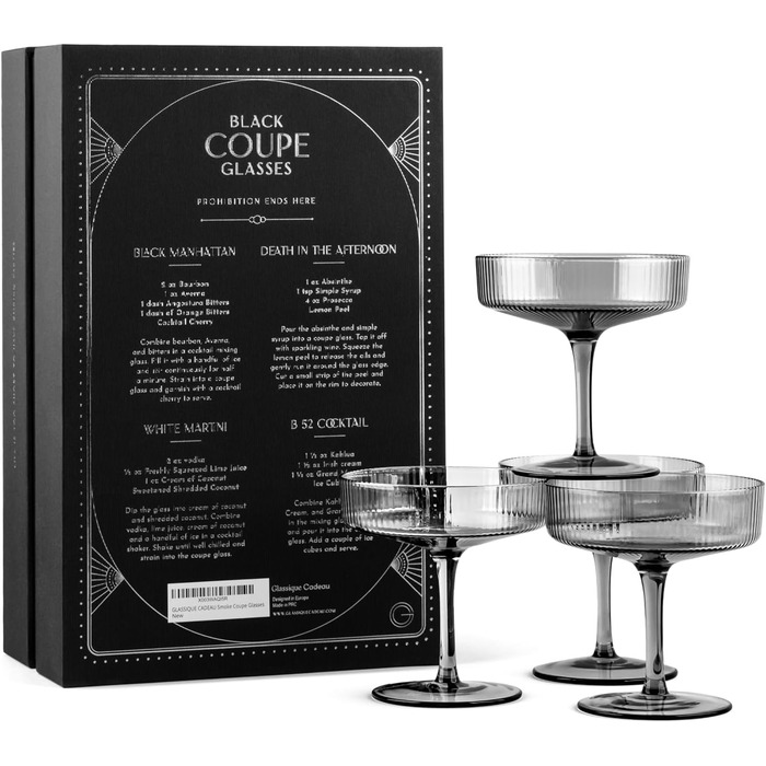 GLASSIQUE CADEAU Набір келихів для коктейлів та шампанського, 4 шт, 200 мл, Art Deco, кришталь, димчасто-сірий