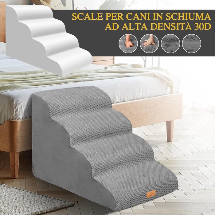 Сходинка для собак Masthome: 4 сходинки, губка, знімна та миюча оббивка, для ліжка/софи, антиковзка (сіра)