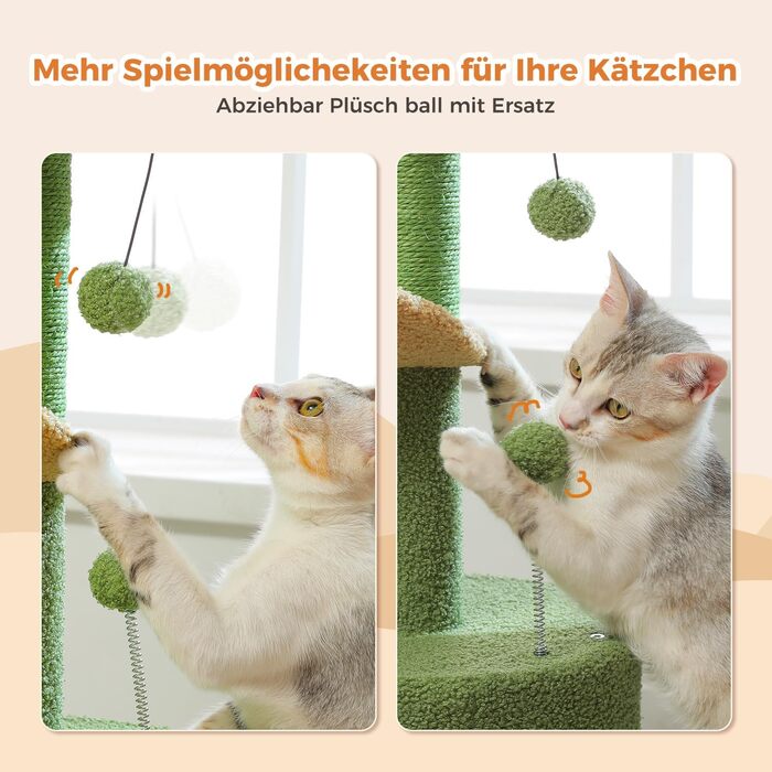 PETEPELA Cactus Scratch Tree Small 84cm Modern Cat Tree Detachable Top Bed, Plush Cave, 2 Sisal Posts, 2 Play Balls, Green