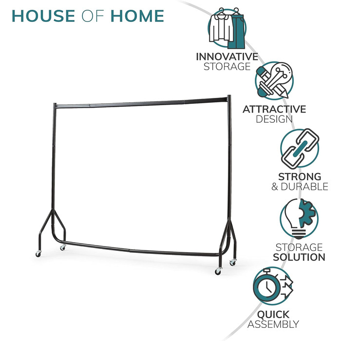 House of Home Robust Metal Clothes Rail with Wheels – 1-Tier Replacement for a Wardrobe with a Single Rail – Clothes Rack for Hanging – Storage