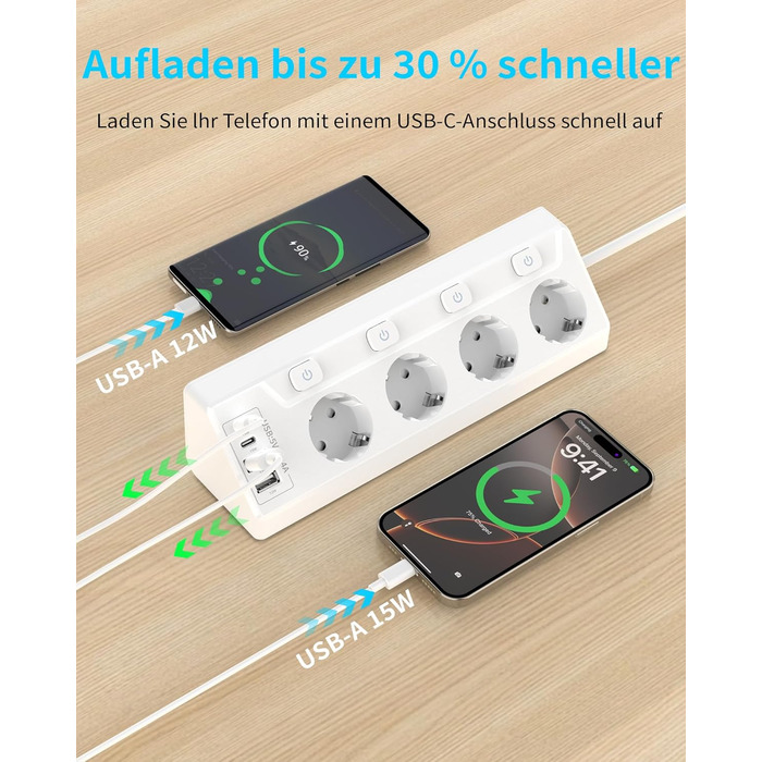 Многофункціональна мережева розетка з USB-C та захистом від перенапруги, 6 розеток, 2м кабель, 4000W, 16A, для кухні, дому, офісу (білий)