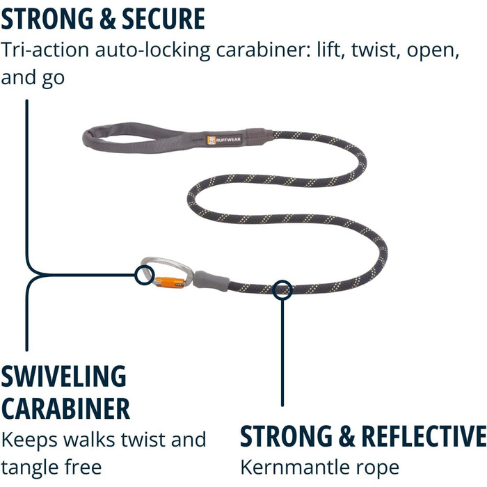 RUFFWEAR Knot-a-Leash, reflective rope dog leash with carabiner clip, length: 1.5 m, strength: 7 mm, Obsidian Black